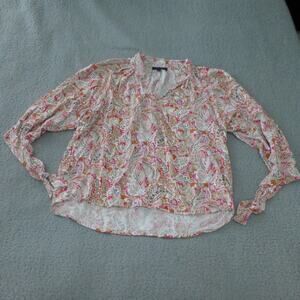 Rachel Roy Top Womens Large Blouse 3/4 Sleeve Paisley V Neck Orange Rayon